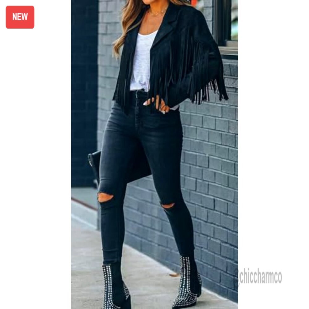Faux Suede Cropped Fringe Jacket Women's Western Motorcycle Style - Picture 5 of 7